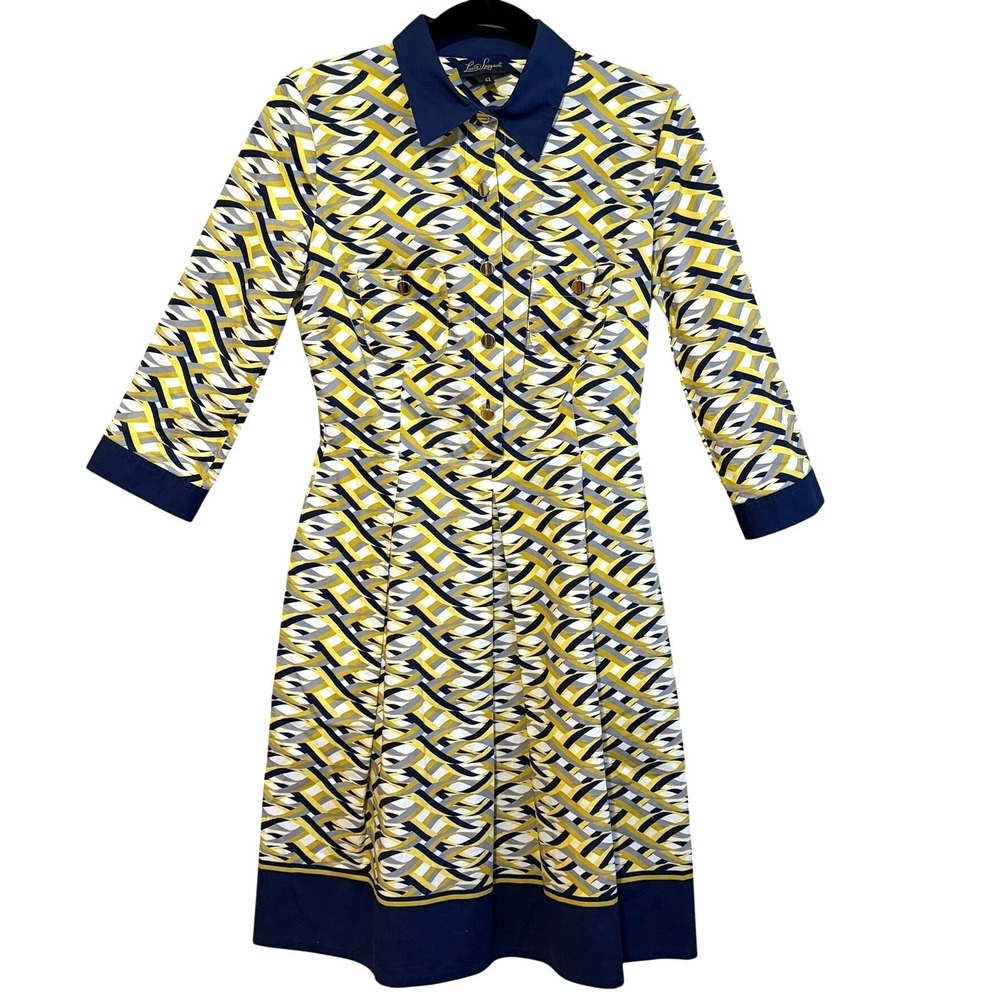 Luisa Spagnoli Navy Yellow Geometric Print Shirt Dress IT Sz 42 Chic Career